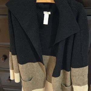 Max Studio Black and Taupe Colorblock Hooded Cardigan Sweater